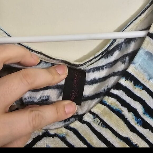 Women's Plus Blue and Black Striped Short Sleeve Blouse 1x - Picture 2 of 4